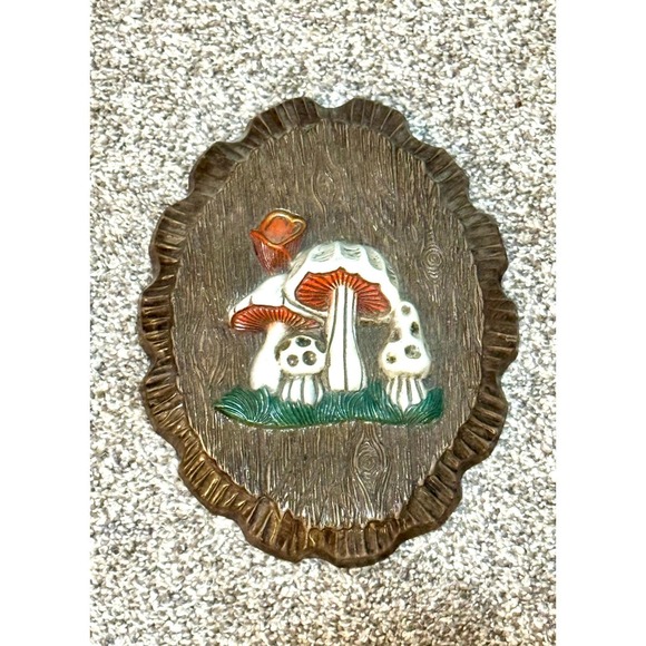 Vintage Homco Mushroom Wall Art Set Faux Wood Oval Textured Hanging Decor - Picture 6 of 7